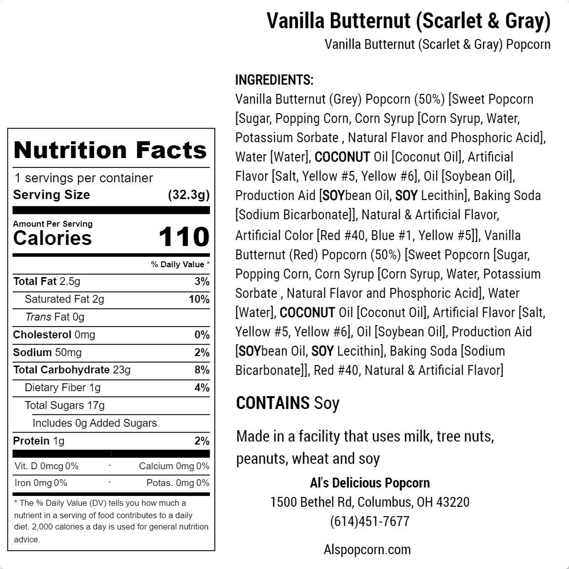Vanilla Butternut Popcorn - Scarlet & Gray